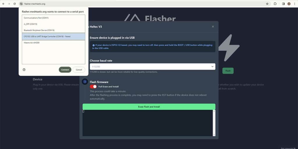 Meshtastic Web Based Flashing of the Heltec V3 Screenshot